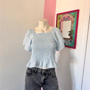 art class Light Blue And White Gingham Ruched Square-Neck Peplum Crop Top